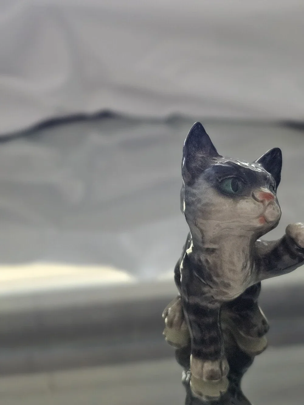 Vintage Goebel West Germany Glazed Gray Tabby Cat Figurine with Blue-Green Eyes